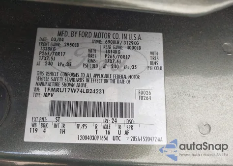 2004 Ford Expedition Eddie Bauer z USA, uszkodzony, nr VIN 1FMRU17W74LB24231